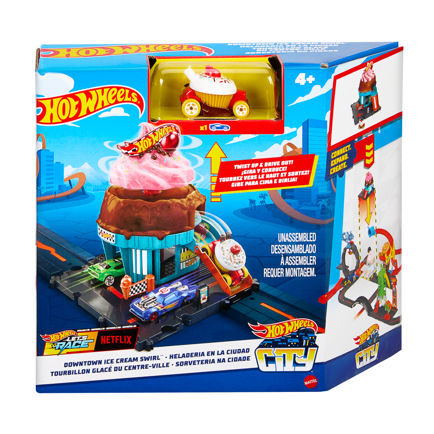 Hot Wheels City Downtown Ice Cream Swirl Playset From The Series ¡°Let's Race¡± With 1 Toy Car